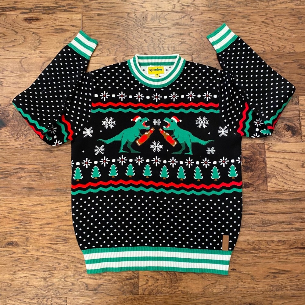 Tipsy Elves Dinosaur Beer Ugly Christmas Sweater Mens XL Black T-Rex Holiday